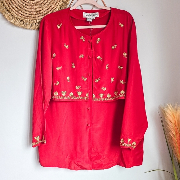 Diane Von Furstenberg, New, DVF Red Embroidered Silk Tunic Blouse, Size Large - Picture 1 of 12